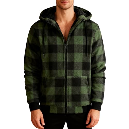 Chaqueta de forro polar a cuadros para hombre, chaqueta de invierno con forro de franela y cremallera completa, chaquetas de trabajo para hombre, verde, XXL