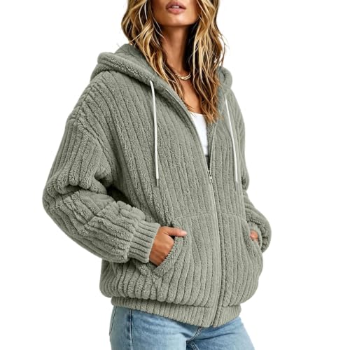 XOGWVJ Fleece Jackets for Women Hooded Sherpa Zip Up Warm Coat Textured Casual Fall Winter Sweatshirts Outerwear with Pockets Womens Bed Jacket Gray S - image 2