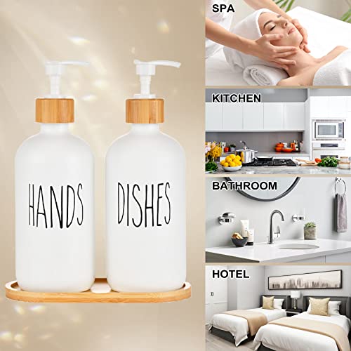 2 Pack Kitchen Soap Dispenser White Kitchen Bathroom Hands and Dishes Dispensers Set Glass Soap Dispenser with Pump Wooden Tray for Countertop Laundry Room Shampoo Lotion - Image 7