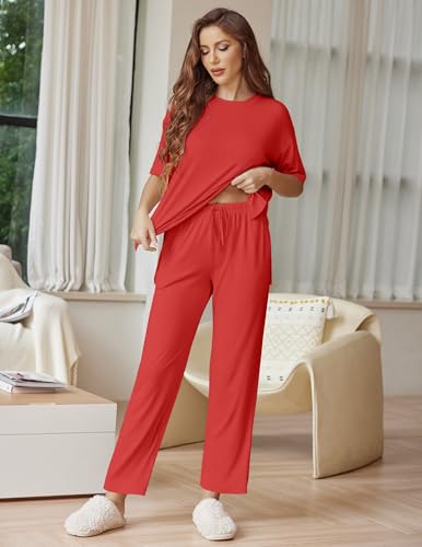 Image of Ekouaer Lounge Sets for Women Short Sleeve Tops and Long Pants Soft Comfy Pajamas Set 2 Piece Outfits