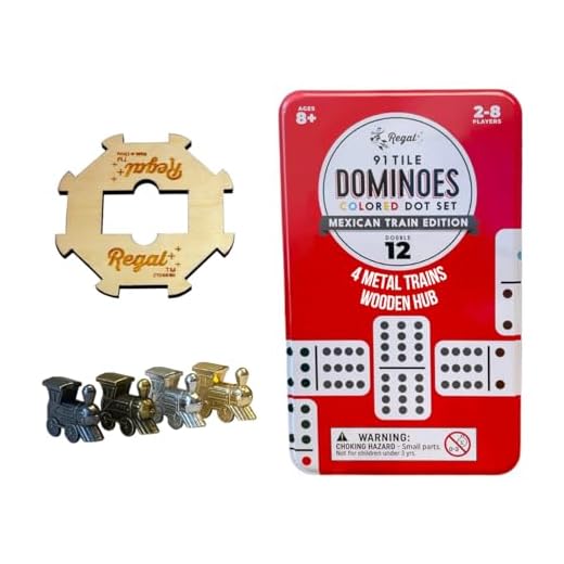 Regal Games Double 12 Colored Dot Dominoes Mexican Train Game Set with Wooden Hub, 91 Domino Tiles, 4 Metal Trains, and Collectors Tin