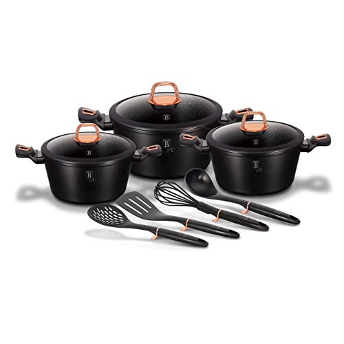 Berlinger Haus Black Rose Batería Cocina Inducción 10 Piezas, Antiadherente Mármol sin PFOA, Aluminio, Set 3 Cazuelas 20-24-28cm 3 Tapas Cristal 4 Utensilios Diseño Moderno Vitrocerámica Gas (BH/6154) Cover