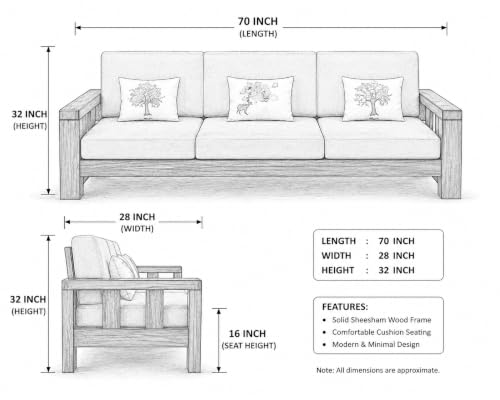 Image of Sheesham Wooden 3 Seater Sofa for Living Room | Rosewood 3 Seater Cushion Sofa for Home & Office | Solid Wood Sofa Set for Lounge (Honey Finish, 3 Seater)