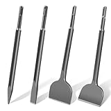 【Set de Burins SDS-Plus 4 Pièces Polyvalent】Contient : 1 x Burin droit pour carrelage 75 x 250 mm, 1 x Burin courbé pour carrelage 75 x 250 mm (20°), 1 x Burin pointu 250 mm, 1 x Burin plat 20 x 250 mm. Idéal pour l'enlèvement de carrelage, les travaux de démolition légers et la préparation de surfaces – couvre toutes les applications courantes