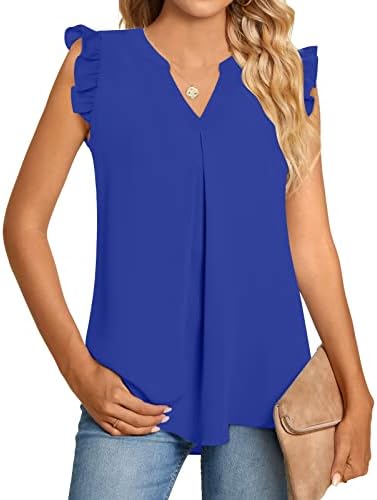 Anyhold Women 2023 Summer V Neck Chiffon Blouse Ruffle Cap Sleeveless Tops Loose Casual Flowy Cute Shirt 2X-Large, Rf-Royal Blue