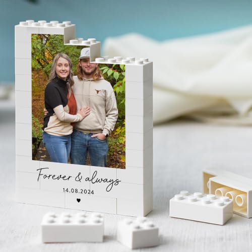 Custom Building Brick Photo Frame, Personalized Picture Block Puzzle with Name and Date, DIY Building Blocks Keepsake for Couples, Family, or Friends, Unique Valentine and Holiday Home Decor