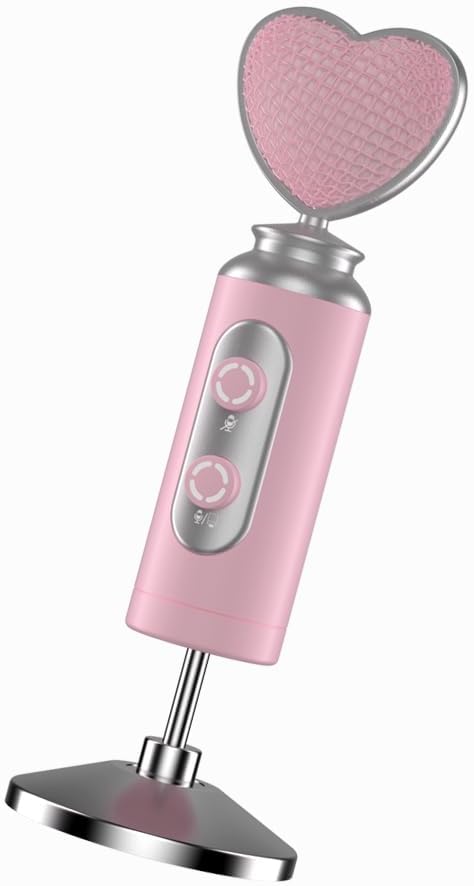 HB128 USB Gaming Condenser Mic Pink Heart Design, One-Click Mute Gain Control, Plug & Play, for PC/Console/Phone, Twitch/YouTube/TikTok, Streamers Gamers and Video Creators