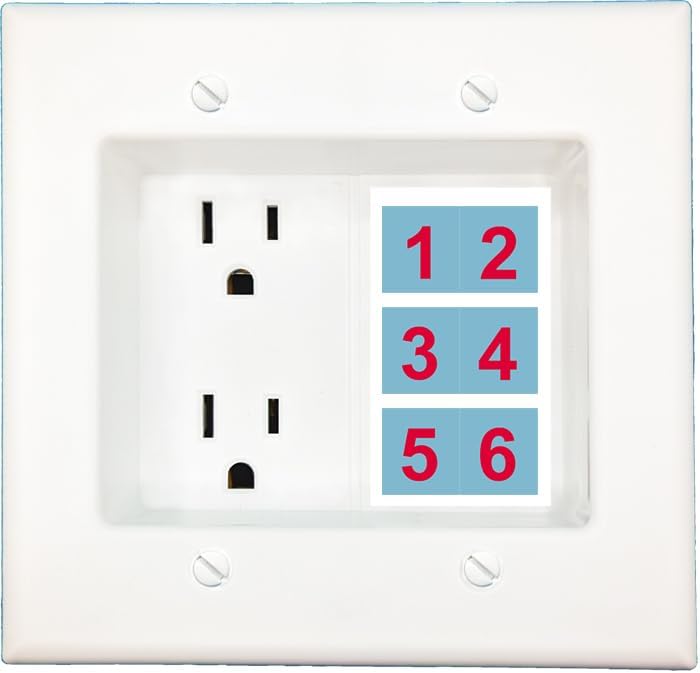 RiteAV Custom 2 Gang 6 Port Recessed Duplex Receptacle 15A Power Outlet Wall Plate White