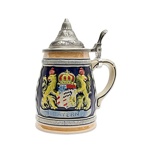 0.65 Liter | OktoberfestHaus Collectible Beer Steins German Bayern Lions Coat Of Arms Beer Mugs for Men Engraved Stein With Lid Jarras de Cerveza and Jarra Stein