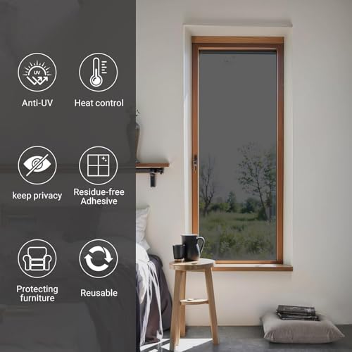 Image of CREON One Way Privacy Window Film, Sun Blocking Heat Control Anti UV Static Cling for Windows Office Door (24 x 150 Inch) Black