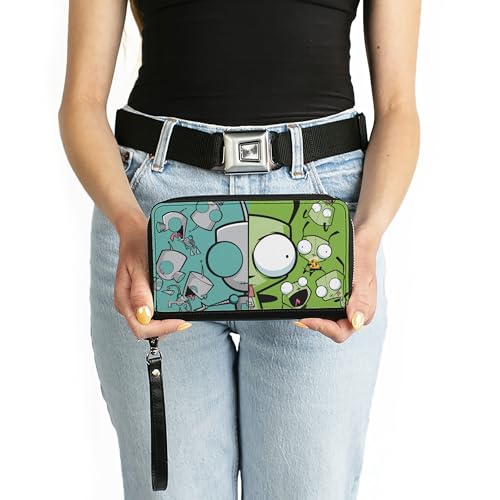 Nickelodeon Wallet, Zip Around, Invader Zim Gir Split Close Up and Poses Blue Green, Vegan Leather3