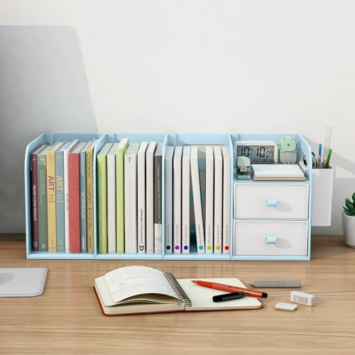 Plastic Desk Organizer and File Holder – 3 Tier Office Supplies Organizers and Accessories with 2 Sliding Drawers & Pen Holder, Desktop Paper File Organizer and Storage for Classroom,Home (Blue)