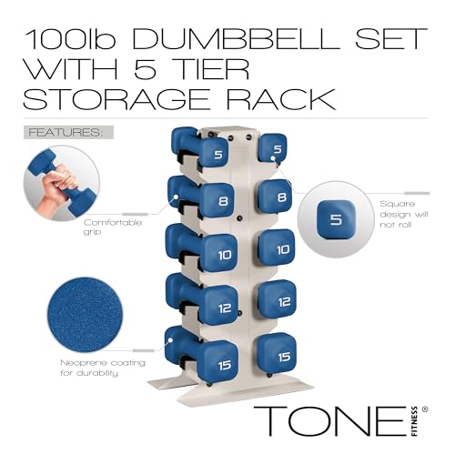 Image of Tone Fitness Neoprene Dumbbell Set with Storage Rack - Non-Slip, Anti-Roll Hand Weights for Home Gym Workouts | 20 lb, 32 lb, 50 lb, 60 lb & 100 lb Options