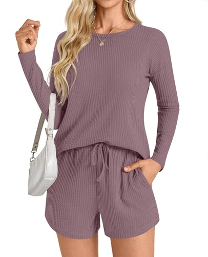 Image of Anydoll Womens Pajama Sets Waffle Knit Lounge Sets Long Sleeve Top and Shorts 2 Piece Loungewear with Pockets