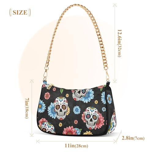 Ornate Skulls Colorful Floral Black Tote Handbags Womens Floral Shoulder Purses Zipper Classic Formal Purse Hobo with Chain Strap3