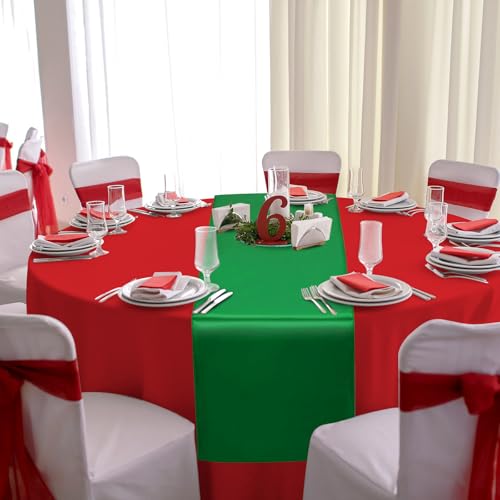 Image of 12Pack 12x108Inch Satin Table Runner and 84Inch Round Plastic Tablecloths Set Christmas Red and Green Disposable Table Cloth Cover for New Year Christmas Wedding Holiday Anniversary Party Decorations