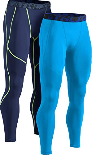 ATHLIO Mens Compression Pants Running Tights Workout Leggings, Cool Dry Technical Sports Baselayer, Active 2pack(blp05) - Navy & Neon Sky, Large