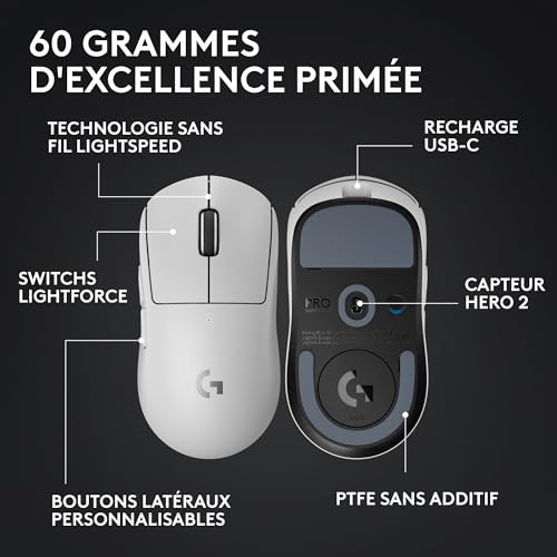 Souris gaming sans fil Logitech G PRO X SUPERLIGHT 2 blanche avec capteur 44K DPI - 6