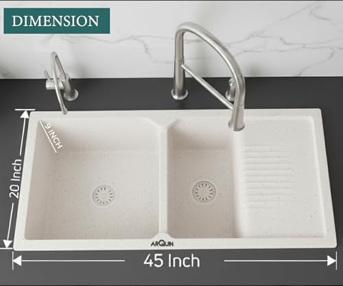 Image of ARQUIN Double Bowl Quartz with Drainboard Kitchen Sink 45x20x9 Inch Rosa | Undermount,Topmount | Including Coupling,Sink Connector,Waste Pipe & Fruit Washing Basket