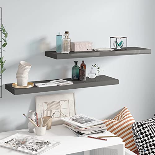 Runheo Schweberegale 2er Set, Hochglanz-Grau, 90x23,5x3,8 cm MDF, Wandregal für Bücher, Dekoartikel, Wandmontage, Stabile Wandboards, Floating Shelves for Wall