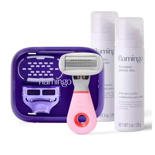 Flamingo Travel Razor Kit for Women – Body & Pubic Razor – Mini Handle, 2 Blade Refills, 2 Travel Size Foaming Shave Gels & Vented Case – Perfect Stocking Stuffer