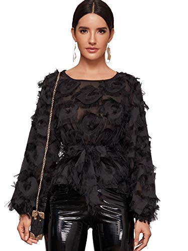 Romwe Women's Casual Round Neck Fringe Patch Long Sleeve Mesh Top Black Large