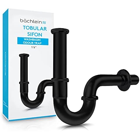Bächlein Universal Tubular Siphon [Extra Long Black] for Washbasin & Washstand - Drain Set, Chrome Siphon incl. Rubber Sleeve for Wall Connection - Odour Trap, Drain Set Cover