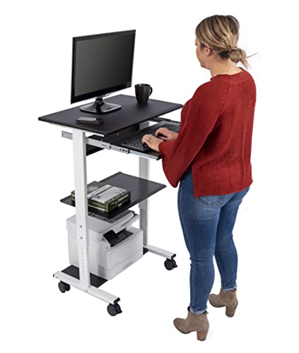Stand Up Desk Store Mobile Rolling Adjustable Height Standing Workstation With Printer Shelf And Slideout Keyboard Tray (White Frame/Black Top, 30" Wide) #TOP4
