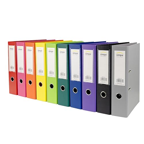 simpa A4 Lever Arch Files Set of 10 75mm Spine Ring Binders Assorted Colours Heavy Duty Document Folders