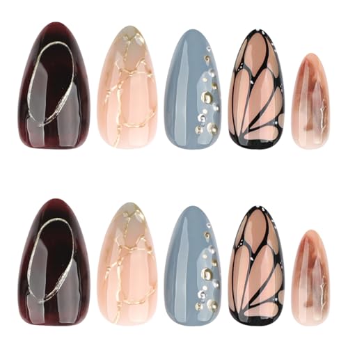 Image of 24 Pcs Fall Press on Nails Brown Fake Nails Gold Line with Design Glossy Full Cover Glue on Nail Brown Ombre Nail Press ons for Women Girls Manicure 24Pcs
