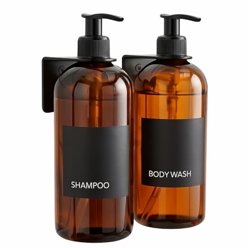 Image of Old Tree Refillable Shampoo and Conditioner Dispenser for Hotel Wall Mounted (Pack of 2, 500ML) | Black Metal Organizer with Plastic Bottles & Matte Black Pump | Dispenser for Bathroom & Kitchen