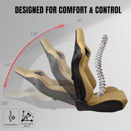 IKON MOTORSPORTS, Universal Racing Seats with 14\" Dual Sliders, Brown Suede W/Brown Stitching & Carbon Leather Back Reclinable Sport Bucket Seats for Cars, 1 Pair Driver Passenger Side 2PC