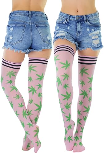 Image of ToBeInStyle Women's Thigh High Stockings Bodystocking Tights Medicinal Cannabis Marijuana Weed Leaf Print Festival Hosiery