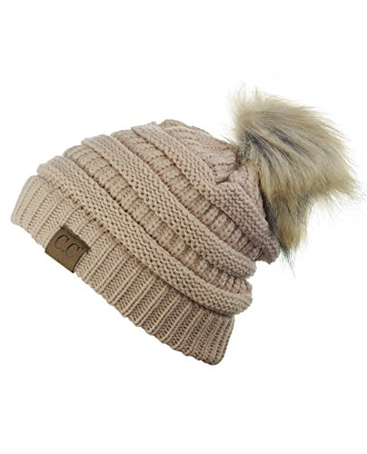 NYFASHION101 Exclusive Soft Stretch Cable Knit Faux Fur Pom Pom Beanie Hat - Dark Beige - Thumbnail 3