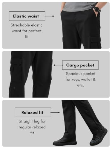 Image of Men's Cotton Cargo Pants | Stylish Elastic Drawstring Waist | Multi Pocket Tactical Pants | Casual Streetwear Utility Comfortable Regular Fit Outdoor Cargos