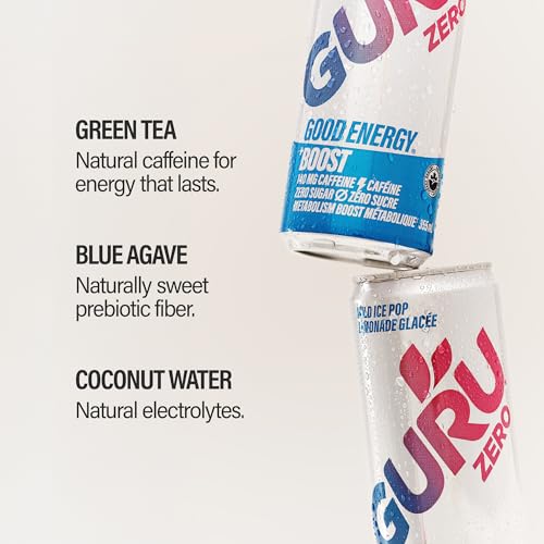 Image of GURU Zero Sugar Energy Drink, Ice Pop Organic Sparkling Energy Drink with 140 MG Natural Caffeine & Coconut Water for Workouts, Performance & Midday Boost, Gluten Free, Vegan, 12 Fl Oz, 24 Pack