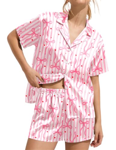Image of Ekouaer Womens Satin Pajama Set Short Sleeve Sleepwear Button Down Pjs
