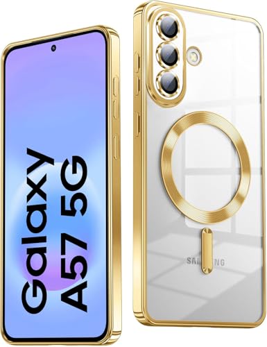 Image of VONZEE Clear Logo Electroplating Transparent Back Case for Samsung Galaxy A57 5G, Magnetic Plating Electroplate TPU Cover, Individual Camera Protection for Each Lens- Gold