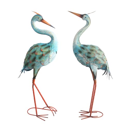QNGCOLRCY 2pcs Crane Garden Statues, Metal Crane Outdoor, Blue Heron Sculpture Metal Yard Art, Large Garden Heron Lawn Ornaments for Backyard Pond Patio Porch Outside Decorations