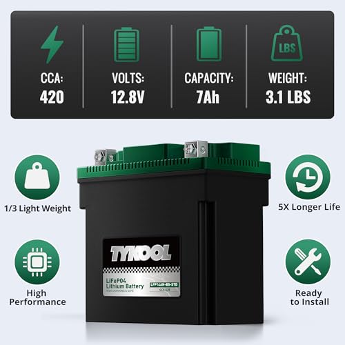 Image of TYKOOL YTX14AH-BS-STD, LiFePO4 Lithium Motorcycle Battery,12.8V 7Ah,420CCA,5X Longer Life,Digital Readout, Powersports Battery,Fits for ATV, UTV, Snow mobile,Polarity:[+ -]