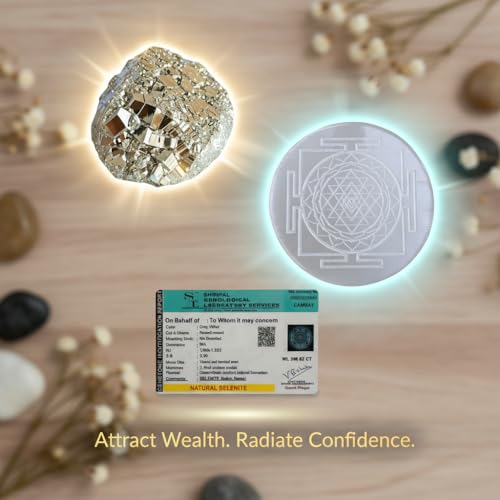 Image of inchOriginal Pyrite Stone with Natural Selenite Charging Plate | Lab Certified Crystal Set for Wealth, Business Luck, Reiki Healing & Vastu Energy inch (SEL+SHREE YANTRA)