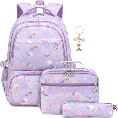 Mylindde Backpack for Kids 3Pcs Backpacks Set Lightweight School Backpack Kids School Backpack with Lunch Bag and Pencil Case School Backpacks for Girls Boys Elementary (Fishtail Purple)