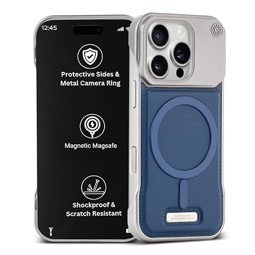 Image of Frameless Metal Case Compatible with MagSafe Luxury Aluminum Frame with PU Leather Finish Magnetic Ring with Wireless Charging Shockproof Premium Slim Case (Blue, iPhone 11)