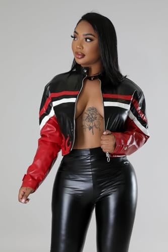 Women's Leather Motorcycle Cropped Zip Up Bomber Jacket Faux Leather 2025 S-XXL4