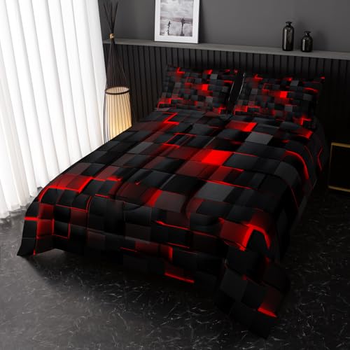 Image of Nttopship Neon Red Black Comforter Set Queen Geometric Kids Bedding Set,3 PCS Geometry Honeycomb Bed Set Modern Quilt Set 1 Comforter 2 Pillow Cases Cool Room Decor All Season B-Side Black