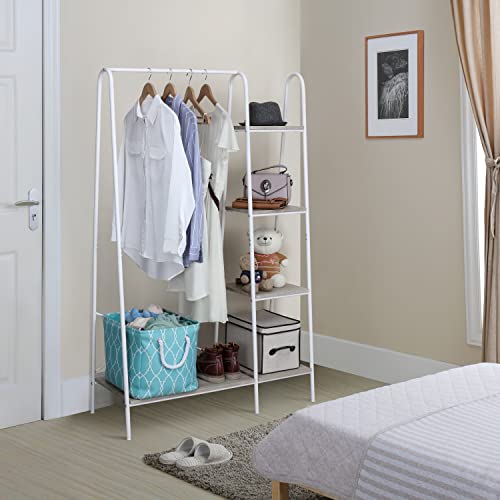 Finnhomy Metal Clothes Closet Rack, Clothing Rack for Hanging Clothes White Heavy Duty Garment Rack with 5 Wood Shelves Freestanding Portable Closet Organizer for Bedroom/Entryway/Boutiques - Thumbnail 5