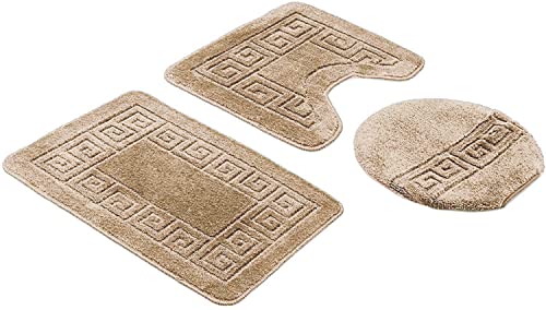 Home Must Haves Bath Set 3 Piece Anti-Slip Backing Patchwork Pattern Bathroom Mat (18"X29"), Large Contour Mat (18"X19"), Toilet Seat Lid Cover (18"X18") (Beige) #TOP3