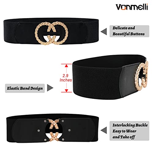 Vonmelli 3 Pack Women Wide Elastic Waist Belt Vintage Stretchy Waistband With Retro Double O-Ring Buckle For Dresses Black+White+Red M #TOP5