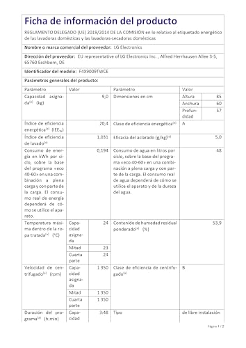 LG F4X9009TWCE Lavadora Inteligente, 9 Kg, 1400rpm, Carga Frontal, 23 Programas, AI Direct Drive, TurboWash 360º, 60% más eficiente que A, Serie 900, Blanca - imagen 16