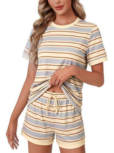 Image of LYANER Pajama Set for Women 2 Piece Lounge Set Striped Crew neck Short Sleeve Tops and Shorts Soft Sleepwear